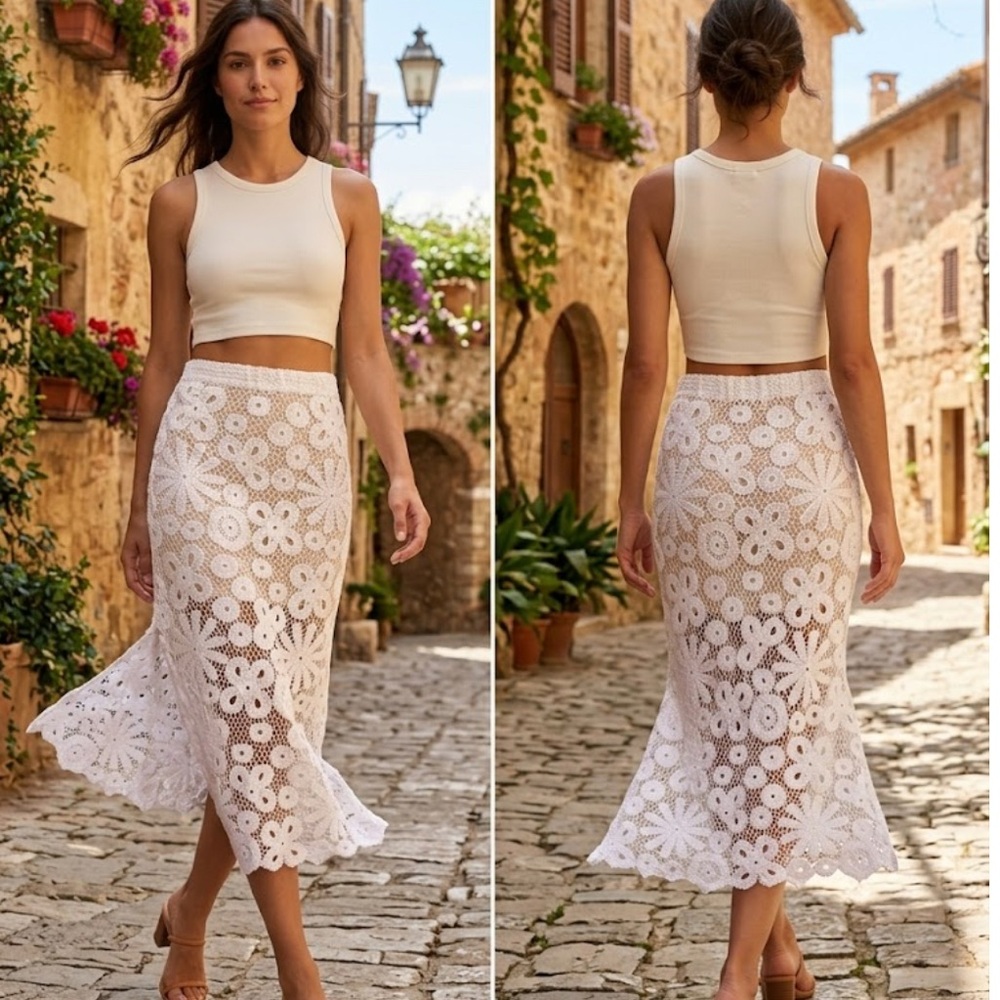 LUMIERE White Crochet 100% Cotton Lace Floral Midi Skirt NWT Size M